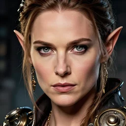 head and shoulders portrait, female artificer, gray eyes, welding, emily blunt natalie portman hybrid, elf, steampunk, d & d, by donato giancola, facial detail, extremely detailed, comic book cover photo