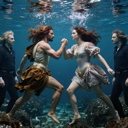 epic beautifull renaissance portrait of a couple fighting underwater, art by * christy lee rogers * ( with help of mario testino and peter lindbergh, marta syrko and neil leifer )