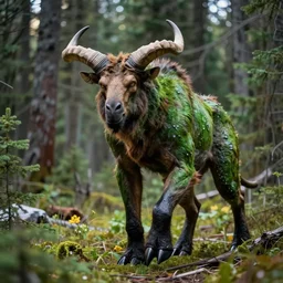 ((cryptid)) in banff national park, by Jason Edmiston, dotted muscular intrepid green horned beast, 4K HD, ultrarealistic, dappled lighting, obsidian hooves