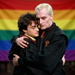harry potter hugging voldemort, pride flag in background