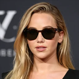 A studio photo of Jennifer Lawrence wearing Mirrored Sunglasses, bokeh, 90mm, f/1.4