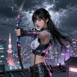 portrait futuristic adorable cyberpunk young female archer, in futuristic stormy thunder light tokyo rooftop cyberpunk night, ssci-fi, fantasy, intricate, very very beautiful, elegant, neon light, highly detailed, digital painting, artstation, concept art, soft light, hdri, smooth, sharp focus, illustration, art by tian zi and craig mullins and WLOP and alphonse mucha
