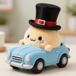 a plushie of a car in a top hat