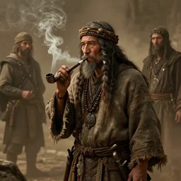 duotone concept illustration 3 / 4 portrait of shaman smoking pipe rustical style. cinematic volumentric lighting. accidental renaissance, greg rutkowski, by james gurney, sachin teng, sergey koleso, ruan ji, digital art, scifi, fantasy, hyper detailed. octane render. concept art. trending on artstation