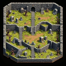 forbidden catacombs, isometric 2 d asset featuring stone walls, stairs, tombs, altars, dead trees, rocky tunnels, highly detailed, trending on itch. io, high definition, 8 k, centered