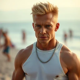 professional photo of masculine and brutal bart simpson on the beach at noonday, blur background
