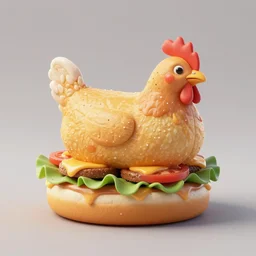 3D render of a living a chicken inside a hamburger, food photography, studio lighting, highly detailed