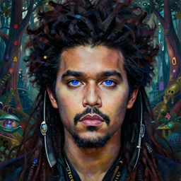 realistic detailed face portrait painting of the beautiful the weeknd with long hair with sci-fi headwear, futuristic sci-fi forest on background by Jean Delville, Amano, Yves Tanguy, Alphonse Mucha, Edward Robert Hughes, Roger Dean, rich moody colours, blue eyes