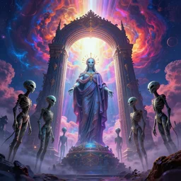 [ palate ] [ vibrant gothic colors ] lost alien souls waiting at the giant gateway to heaven, vibrant neon nebulous clouds, radiant light rays, photorealistic illustration, intricate and fine details, volumetric lighting, artstation, god figure at the gate