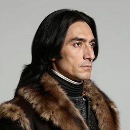 portrait of a man with smooth long black hair, looking to the right, 1 9 th century fur coat, high hair detail