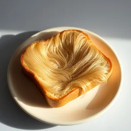 a piece of toast completely made out of hair. it's is on a plate with studio lighting. the shading is excellent. the toast looks very good and yummy.
