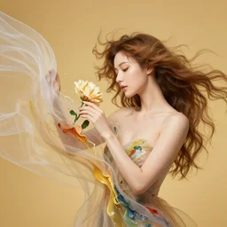 a wide portrait of a beautiful person touching a flower, torso up, with porcellaine skin, soft lighting, golden background, flowy hair that mix with a flowy transparent cloth that merges into paint, thick paint splashes, harmonic palette