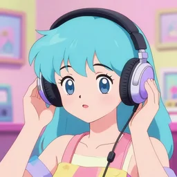 vintage 90's anime mixed with pastel anime head wearing headphones adorable portrait pleasing palette trending on artstation funhouse surreal unpredictable wild unexplainable fantasy land you could not have dreamed of in the gritty posterized grainy analog style of studio Ghibli, HQ 8k scan
