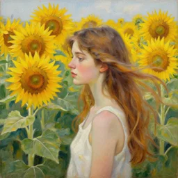 a girl in amazing tall sunflower field, her hair flowing down, subtle, intricate details, real masterpiece, oil on canvas, by stanhope forbes, lucian freud