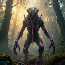 photo unknown menacing slimy wet nightmarish!!!, hellish!!!, visceral!!!, alien!!! creature, forested area, fog, rain, volumetric lighting, beautiful, golden hour, sharp focus, ultra detailed, cgsociety