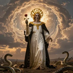 rembrandt style golden saint zombie character in a full body, pose wearing white and black victorian robe with an aureola made of golden cactae over the head and holding a rose, with warm backlight.  background: whirlpool of clouds forming an angelic circle. sunset light. beneath there's a barren land with serpents. apocalyptic. low angle.