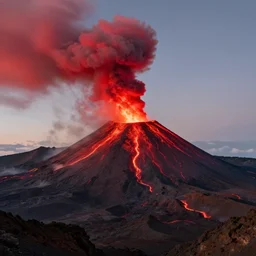 a detailed volcanic landscape , violent clouds in the  sky with glowing red  eyes in the sky