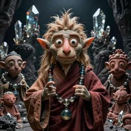 hyper realistic portrait of postapocalyptic muppet show elf goblin death cult monk glass beads clay amulets cinematic symmetric dark _ crystal, artstation