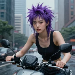 perfect portrait of a realistic girl rding a motorbike in a light rain with violet punk hairin a city with skyscrapers , hyperrealistic painting , perfect an wild face