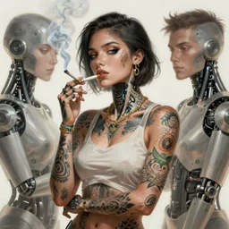 concept art by artgerm, female i robot attractive and very tattooed smoking a cigarette, soft natural light, intricate, highly detailed, digital painting, artstation, concept art, smooth, sharp focus, illustration, art by greg rutkowski and luis rollo and uang guangjian and gil elvgren, symmetry!
