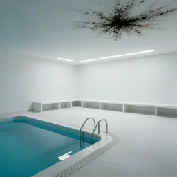 cctv footage of a large white empty breakroom with a swimming pool, retrofuturist liminal space, familiar place, clean, black mold, amateur, unreal engine, photorealistic, trending on artstation