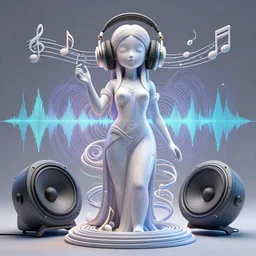 3 d goddess of music and 🔊 wide angle portrait with musical notes, headphones and torus geometry. subwoofer speaker, music, wave frequencies, spirals, cymatics. auditory symbiogenesis, synaesthesia, polyphonic communication, sonic projection, octane render, artwork by tooth wu, and android jones wlop and beeple and greg rutkowski