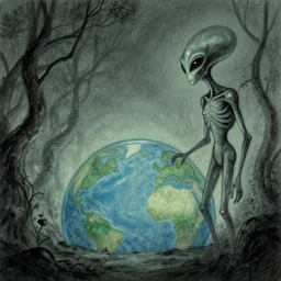 sketch of an alien came to earth, nighttime, weird, elegant, panorama, scene, cineme