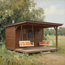 brown wooden small summerhouse with a roofed elevated veranda, standing white swing with orange cushions, wide angle, rembrandt style painting