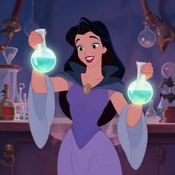 key visual of an attractive sorceress holding two flasks full of glowing liquid, mad scientist's lab background, by gil elvgren and stanley lau, disney princess style
