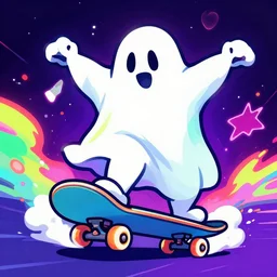 a ghost riding a skateboard, cartoon drawing, neon hyper colors, kim jung go artwork