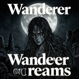 book cover with the title 'Wanderer on dreams', moon in the background, dark colors, sinister atmosphere, dramatic lighting, cinematic, establishing shot, extremely high detail, foto realistic, cinematic lighting, pen and ink, intricate line drawings, by Yoshitaka Amano, Ruan Jia, Kentaro Miura, Artgerm, post processed, concept art, artstation, matte painting, style by eddie mendoza, raphael lacoste, alex ross