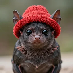 Photorealistic animal bat wearing a cozy red hat. Hyperdetailed photorealism, 108 megapixels, cute, beautifully colored