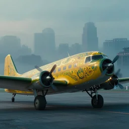 movie scene of a vintage passenger airplane painted in ornamental patterns, yellow and green, neon lights, sitting on the tarmac on a misty day, massive city in the background, cinematic shot, 1 6 : 9 image ratio, by ian mcque, lip comarella ferdinand knab, makoto shinkai and lois van baarle, artgerm, pixar, ilya kuvshinov,, tom bagshaw, global illumination