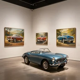 art gallery full of paintings, paintings of cars, classic car exhibit, classic car art exhibit