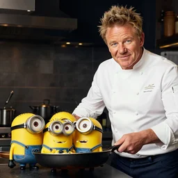 Gordon Ramsay holding a pan with minions, highly detailed