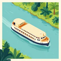 isometric aerial view of the jungle cruise riverboat in a river, poster art, concept art, colorful, 2 d, flat style, nautical navigation map, minimalist modern art photo illustration ink drawing woodcut retro