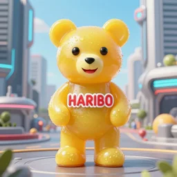 portrait of haribo bear in future city, color and shape focus, cnetral composition, natural light