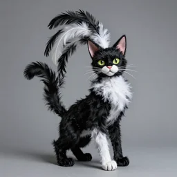 photographic portrait of a proud and fashionable and spiraling antique cat puppet made of black and white feathers