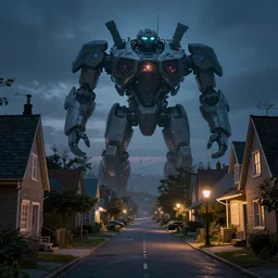 a quaint suburban street at night colossal mech looms in the distance, realistic rendering, unreal engine, 4k, hdr, high dynamic range, f12, by simon stalenhag