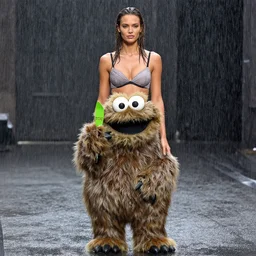 fully body pose, photo of a very beautiful!! victoria secret model, oscar the grouch, wet hair, raining, 8 k, hdr, smooth, sharp focus, high resolution, award - winning photo, trending on artstation, dslr, 5 0 mm