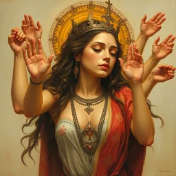 young woman deity with multiple arms, highly detailed, oil painting