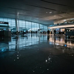 photo of an airport, the floor is flooded with one meter deep water. eerie, volumetric lighting. highly - detailed 4 k