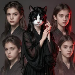 young girl with cat face, elegant pose, in a black chiffon layered robe fantasy detailed trending on artstation, dramatic lighting, eterea, high quality print, fine art with subtle redshift rendering, portrait by miho hirano, ross tran and ilya kuvshinov, realistic, detailed
