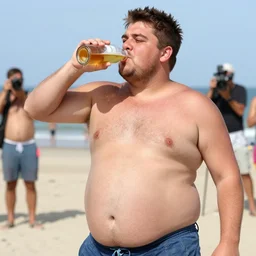 fat zac efron drinking a beer after gaining weight in retirement, beach photo, chubby, tabloid photo, paparazzi, realistic, beach