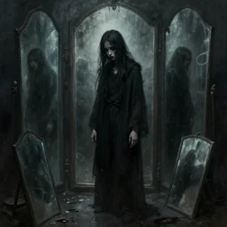 dark fantasy painting of disturbing figure standing in the mirror, many mirrors, haunting, haunted, sad