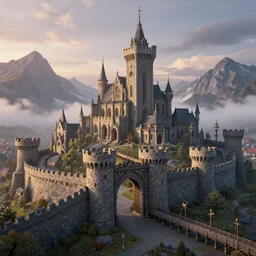 intricate nordic castle at dawn with stone architecture, massive gates, tower keep, drawbridge, church, village by greg rutkowski, artstation and frank lloyd wright, extremely hyperdetailed, intricate construction, ramparts, battlements, mountains, clouds, uhd