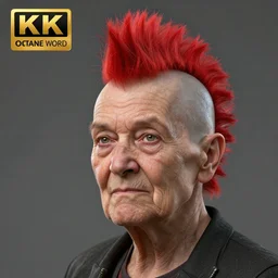 old lady with a red mohawk, realistic, 8 k, extremely detailed, cgi, trending on artstation, hyper - realistic render, 4 k hd wallpaper, premium prints available, octane render, award winning, by greg rutkowski
