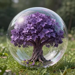 one giant water bubble carrying the tree of live, make the water bubble slightly bigger. Change the ground to grass. Make the leaves from the tree purple Keep the bubble with the tree the exact same way LOTR of style, unreal engine, 8K