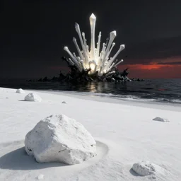 octane render uhd, 8 k art photography, filmic lighting, cinematic art shot, hyperrealistic, hyperdetailed, super detailed, uhd, uhd, 8 k, high resolution, white rocks, white sand, vast landscape with mysterious strangle glowing crystalline structure made of white bones in the far distance, black fluid simulation, painting by ross tran and ivan aivazovsky, black water, sunset