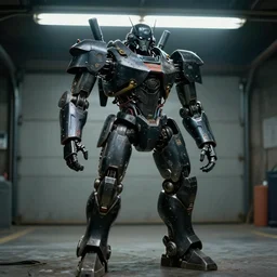 samurai inspired mecha standing in Small garage fluorescent lights real steel (2011) robot Black. exposed wiring joints. Scowling angry face. Glowing eyes. intimidating cyberpunk style of Roger Deakins Jeremy Saulnier Newton Thomas Sigel Robert Elswit Greig Fraser trending rtx on ue5. 35mm Kodak Vision 2383 gritty atmospheric Bladerunner 2049